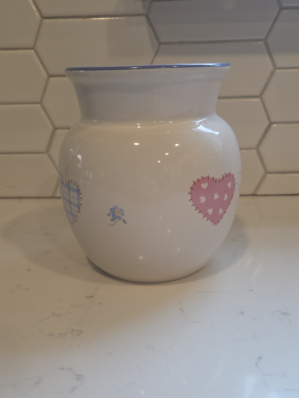 Adorable Cottage Core/Country Style Vase with Pink Heart and Blue Accents